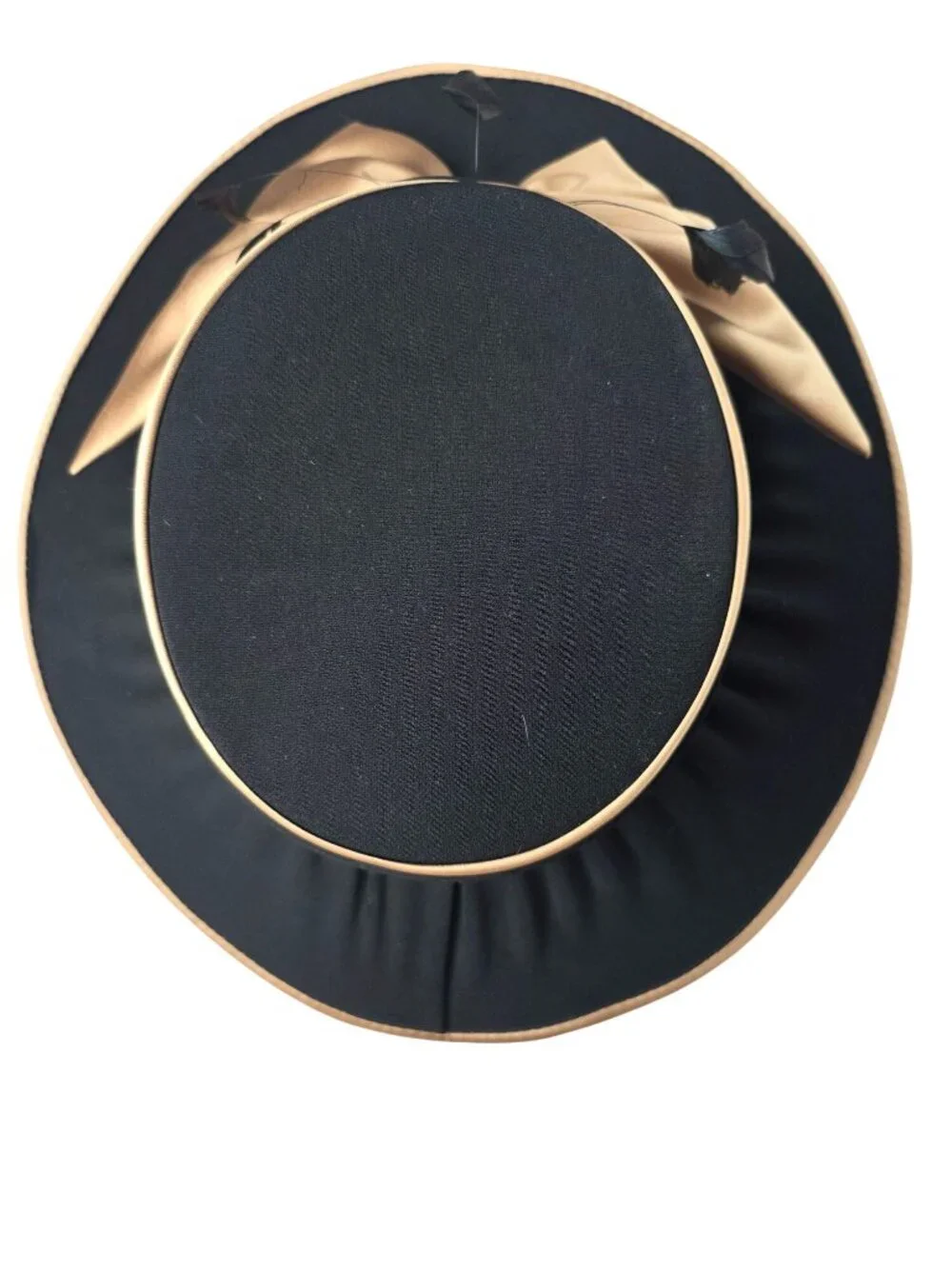 Wide Brim Black & Gold Hat With Satin Bow Feathers & Rhinestone Accent By Clara